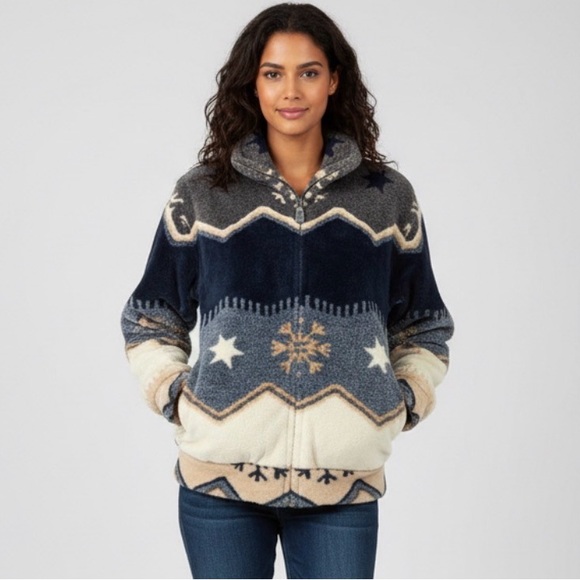 Vintage Jackets & Blazers - Vintage New Zealand Greatmates - Women's Faux Fur Zip-Up Coat - Blue/Multi S